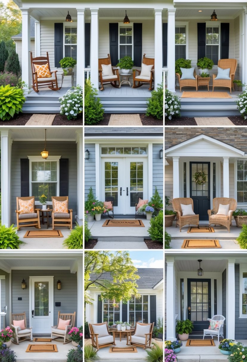 Twelve different front porch seating setups including chairs, benches, and swings with cushions and plants outside various houses.