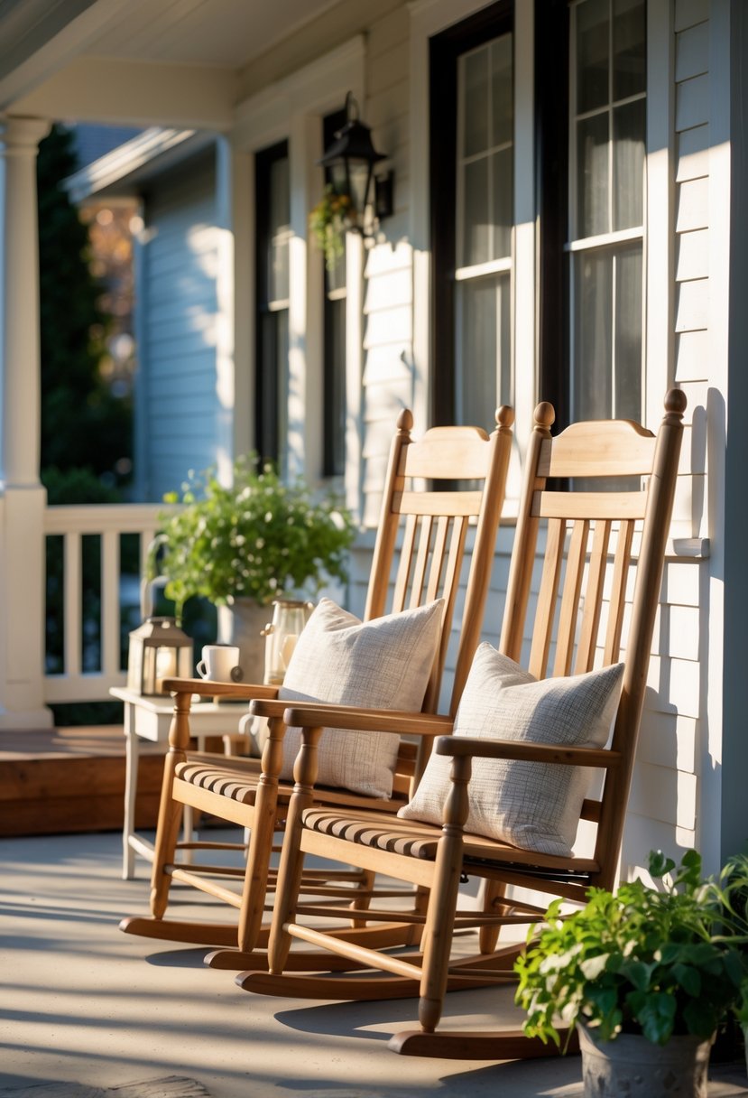 A front porch with several classic wooden rocking chairs arranged for seating, surrounded by plants and a small table.