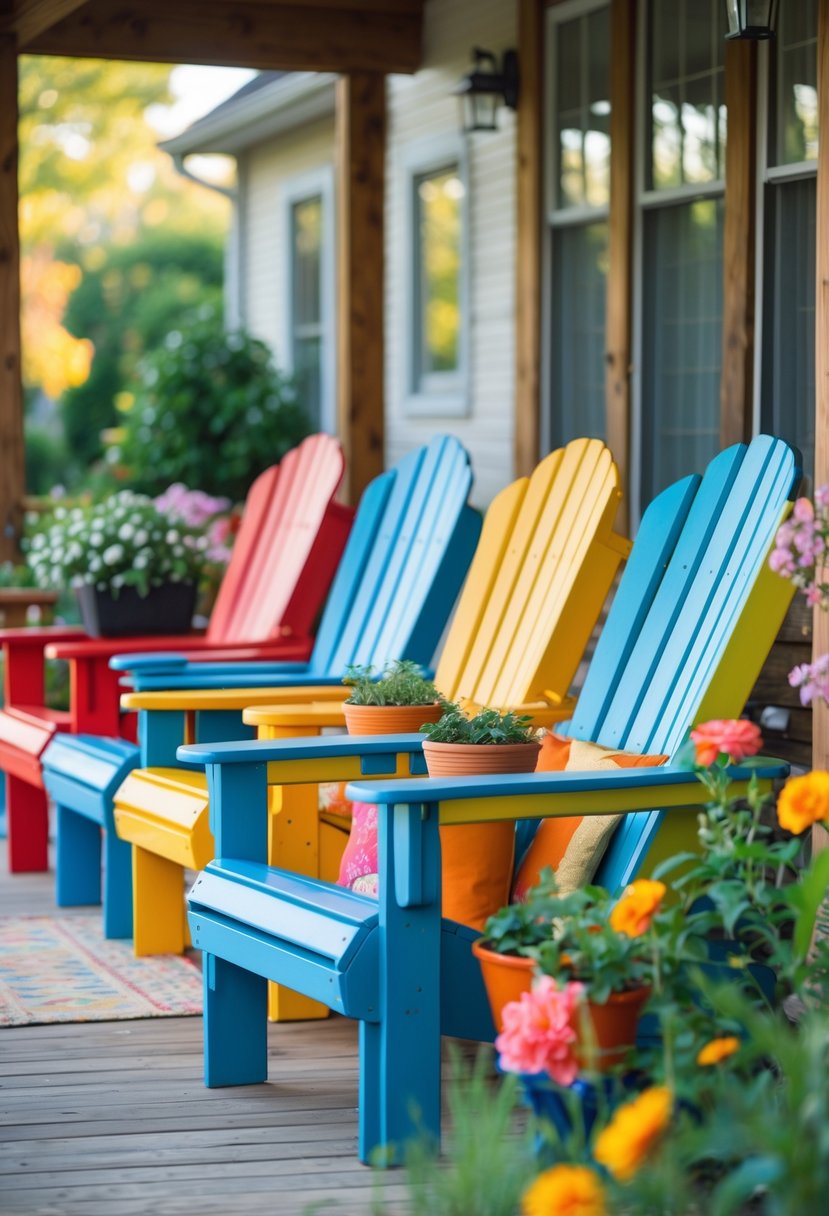 A front porch with several colorful Adirondack chairs arranged around a small table, surrounded by plants and flowers.