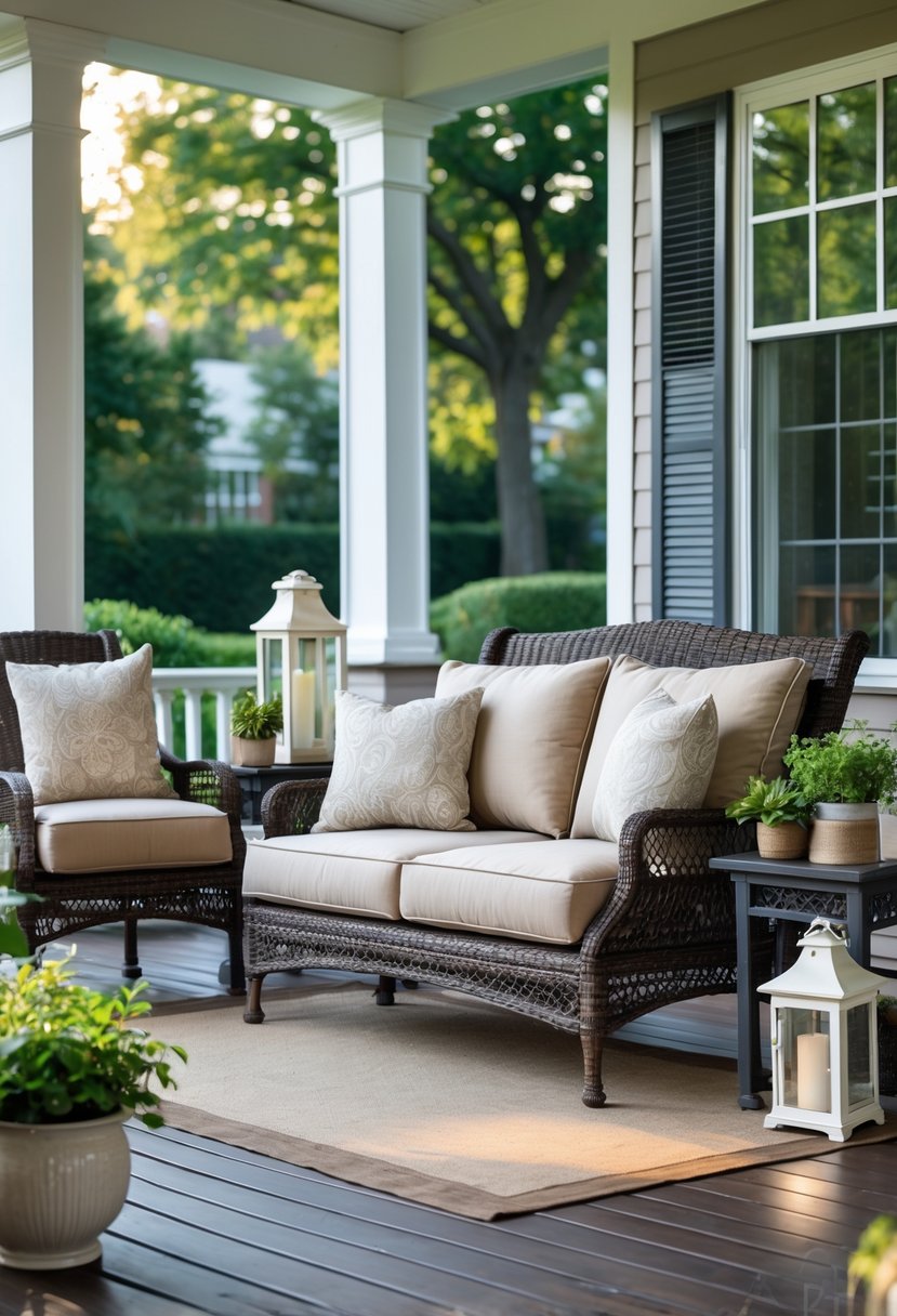 A cushioned loveseat sofa on a front porch surrounded by plants and outdoor seating.