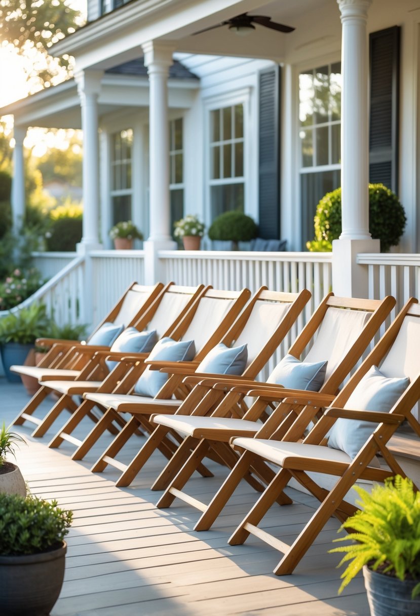 A front porch with twelve foldable deck chairs arranged for seating, surrounded by plants and sunlight.