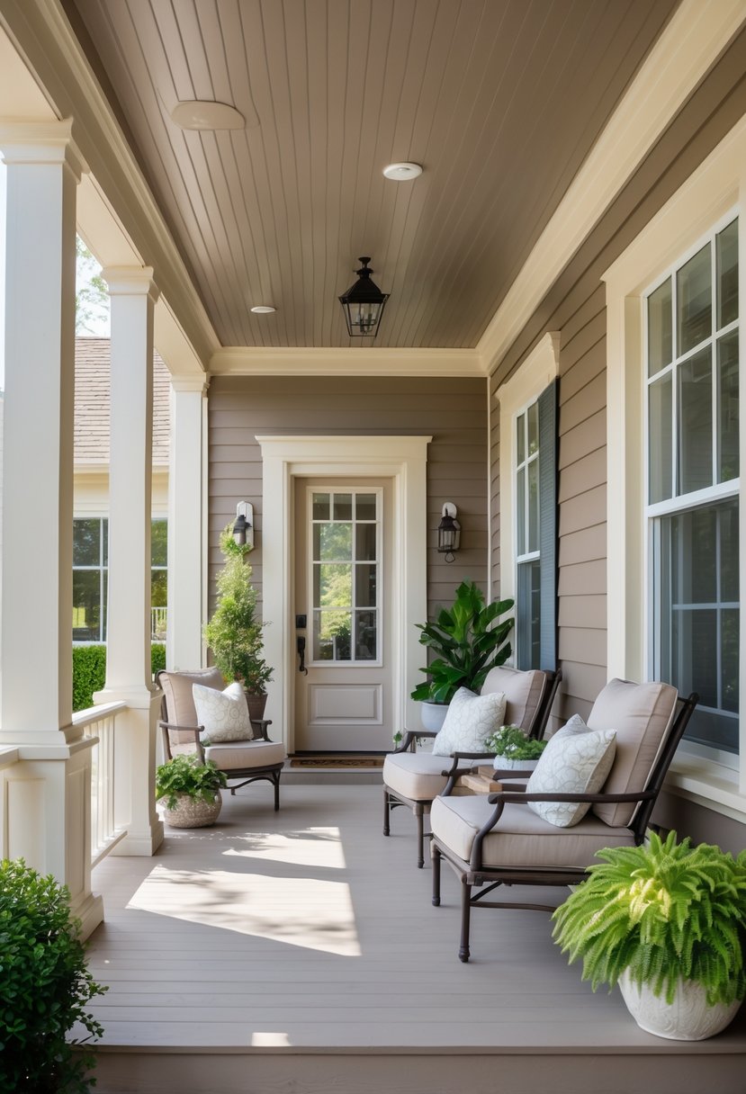 A residential porch with warm taupe walls and cream trim, featuring comfortable seating and potted plants in natural daylight.