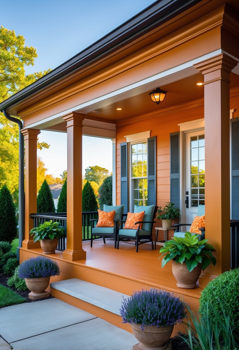 Front porch painted in bold burnt orange with comfortable seating, green plants, and a clear blue sky in the background.