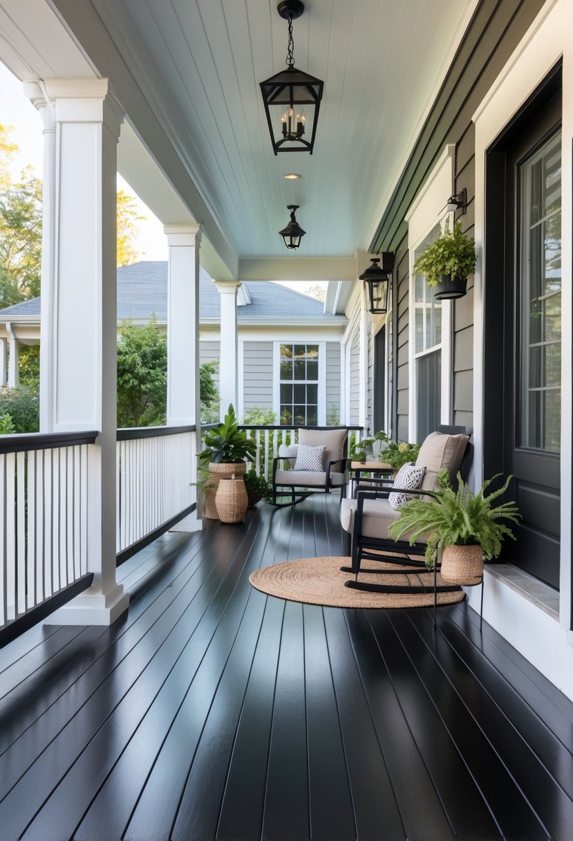 A porch with a freshly painted black floor, outdoor furniture, potted plants, and natural daylight.
