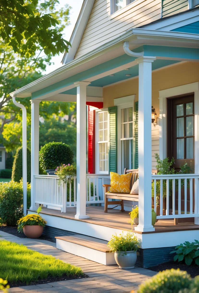 Front porch of a house with a variety of colors on the walls and railings, featuring a bench and plants in a garden setting.