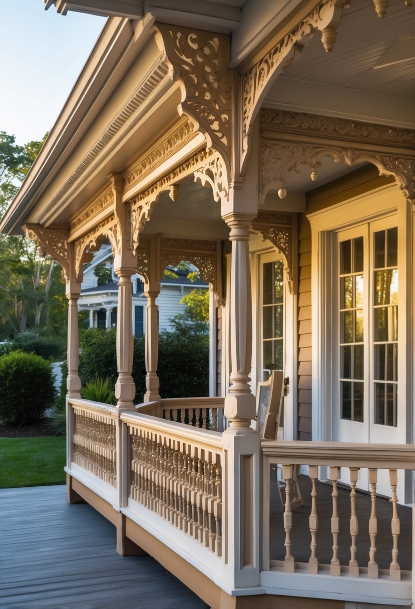 A wraparound porch with detailed wooden trim and decorative carvings surrounded by greenery.