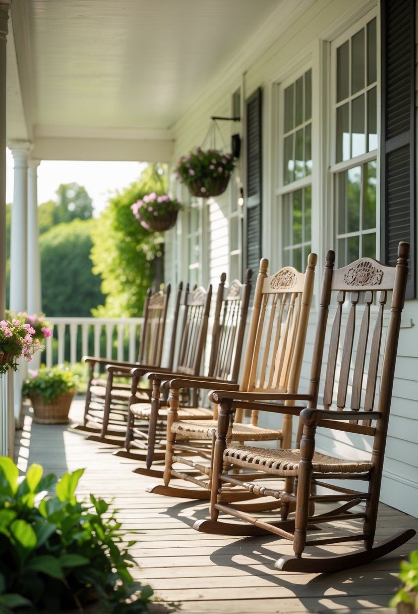 A porch with several rocking chairs arranged among plants and flowers, bathed in natural sunlight.