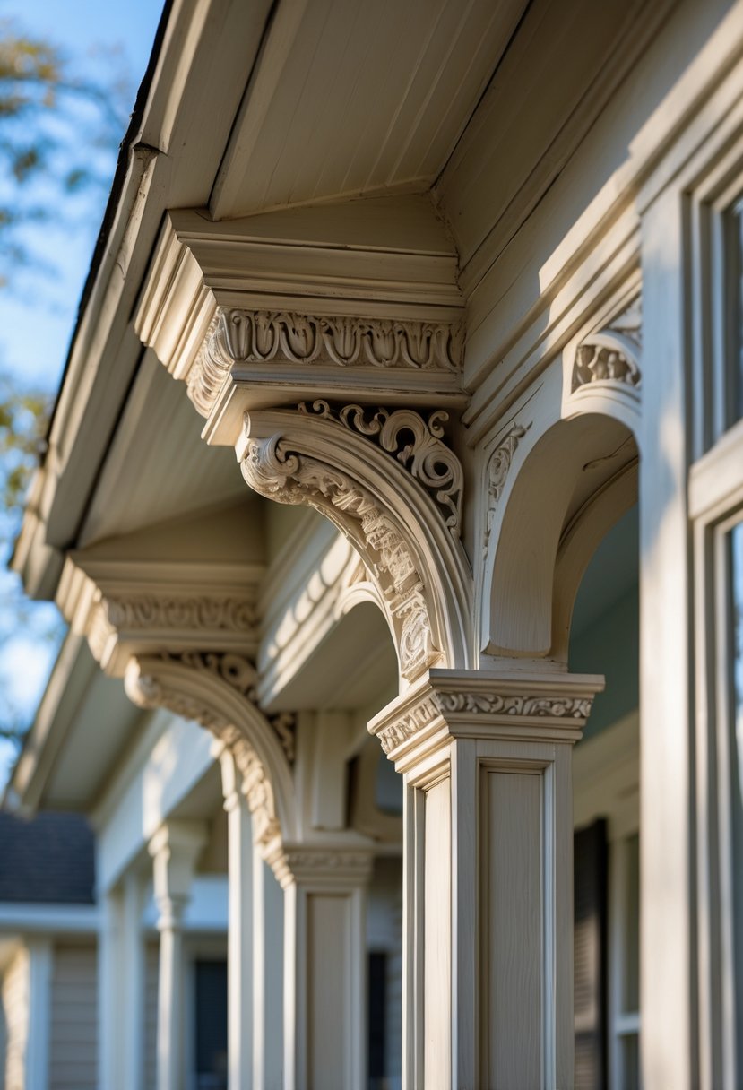 Close-up view of decorative wooden brackets supporting the roof of a porch on a house.
