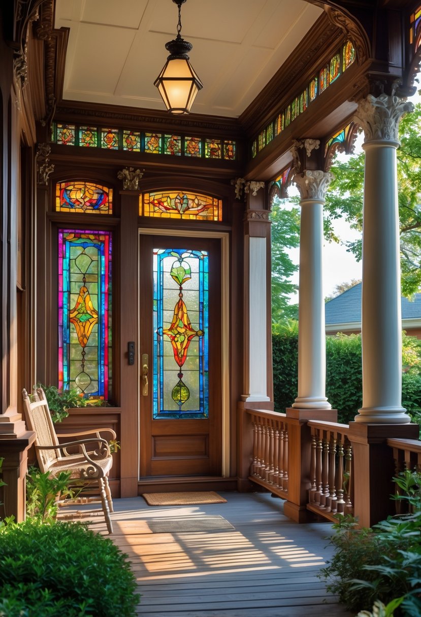 A Victorian porch with stained glass windows, wooden columns, and a seating area surrounded by greenery.