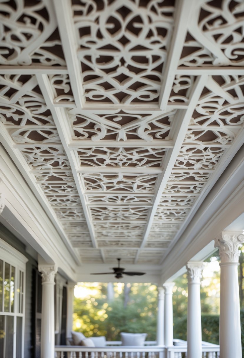 Close-up view of a porch ceiling with detailed wooden fretwork and decorative patterns, showing part of a porch with columns and outdoor seating.