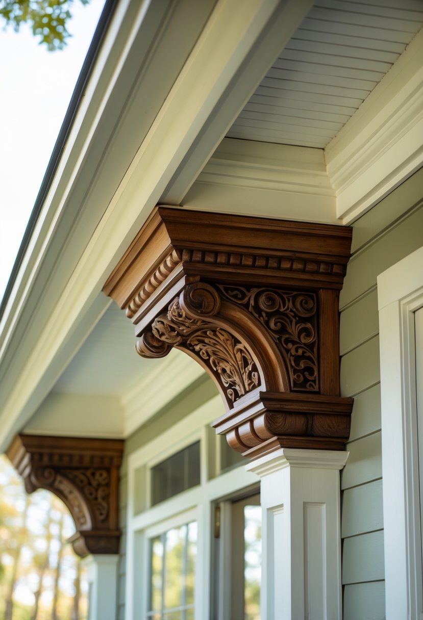 Close-up view of decorative wooden corbels supporting a porch roof with detailed carvings.