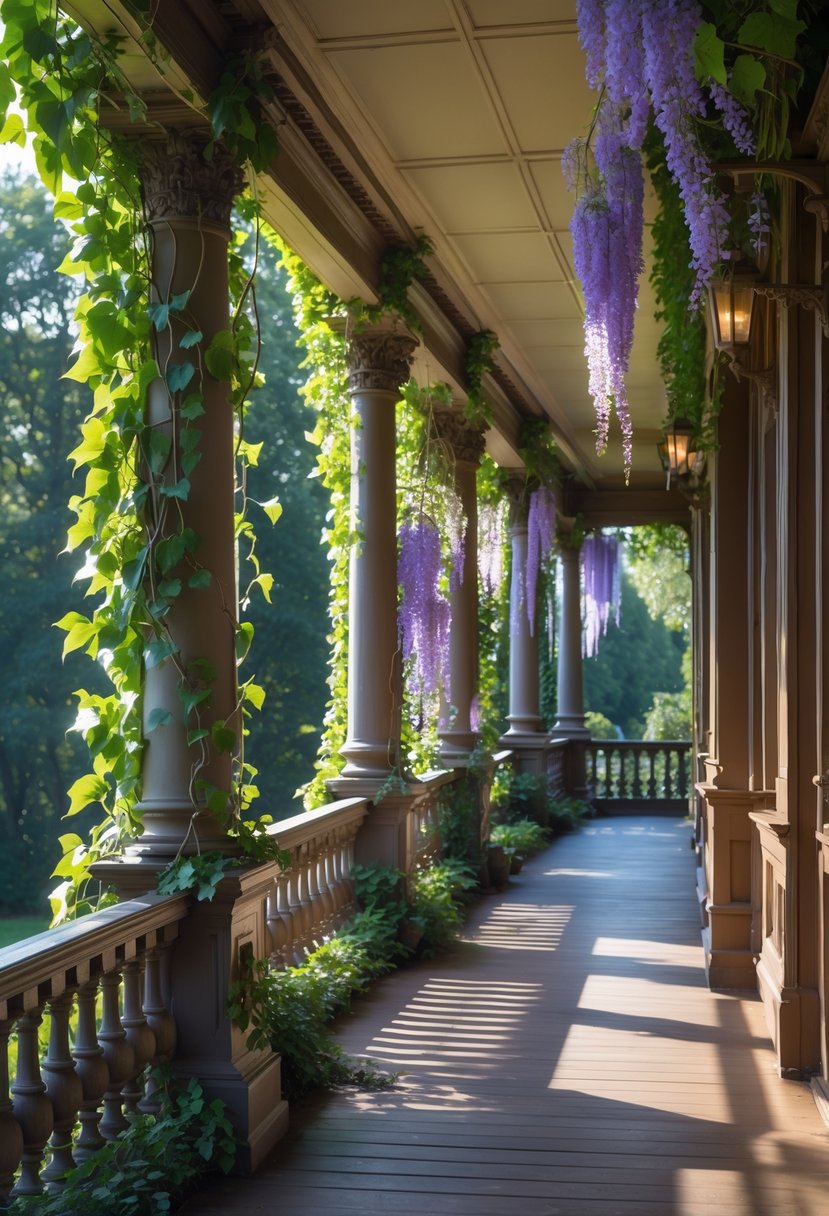 A Victorian porch covered with green ivy and purple wisteria flowers.