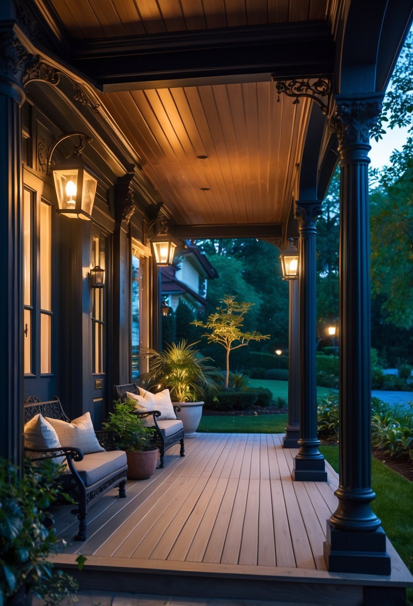 A front porch at dusk with warm glowing lanterns, wooden flooring, seating, and plants.