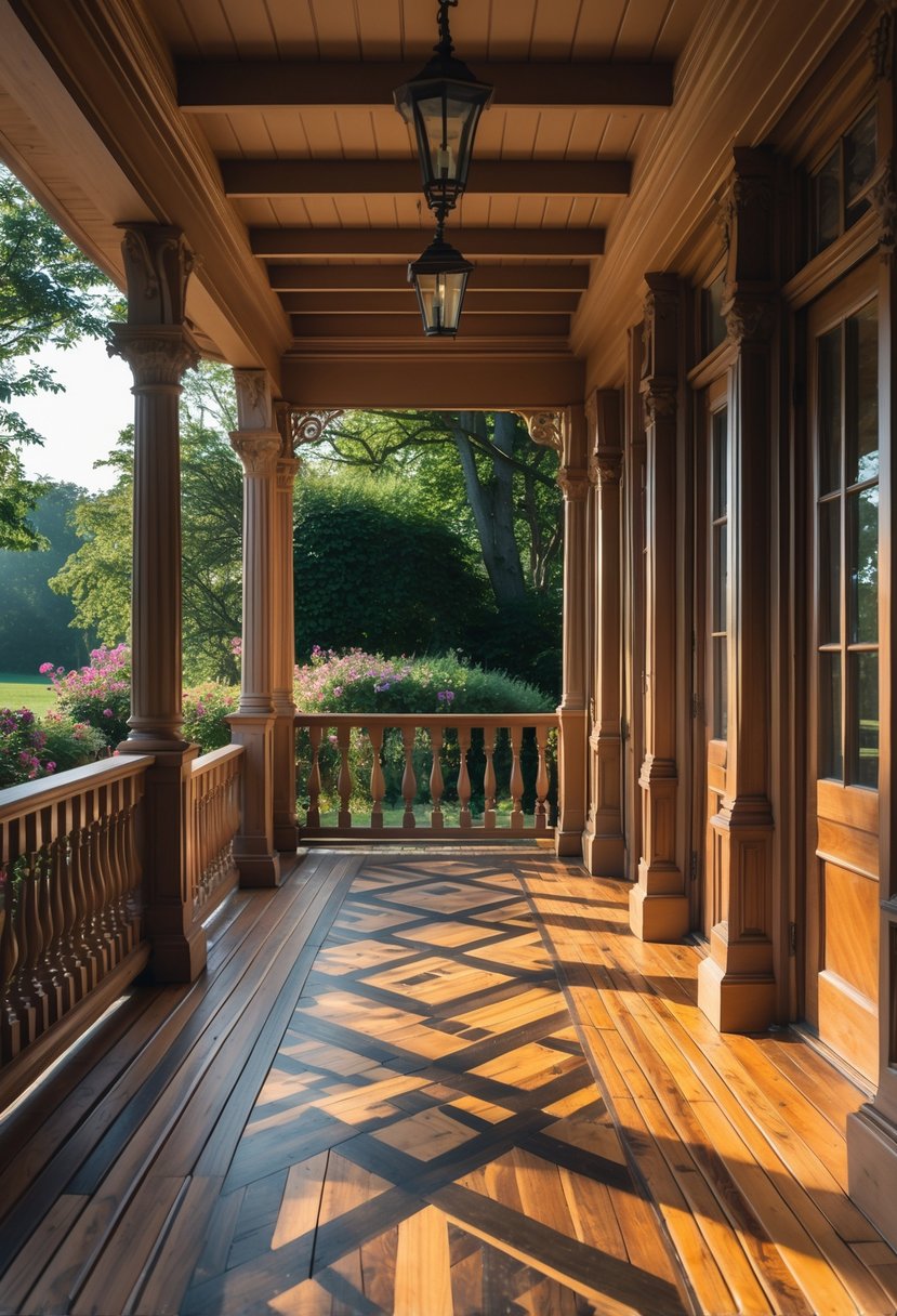 A spacious porch with patterned wooden flooring, wooden railings, and columns surrounded by greenery.