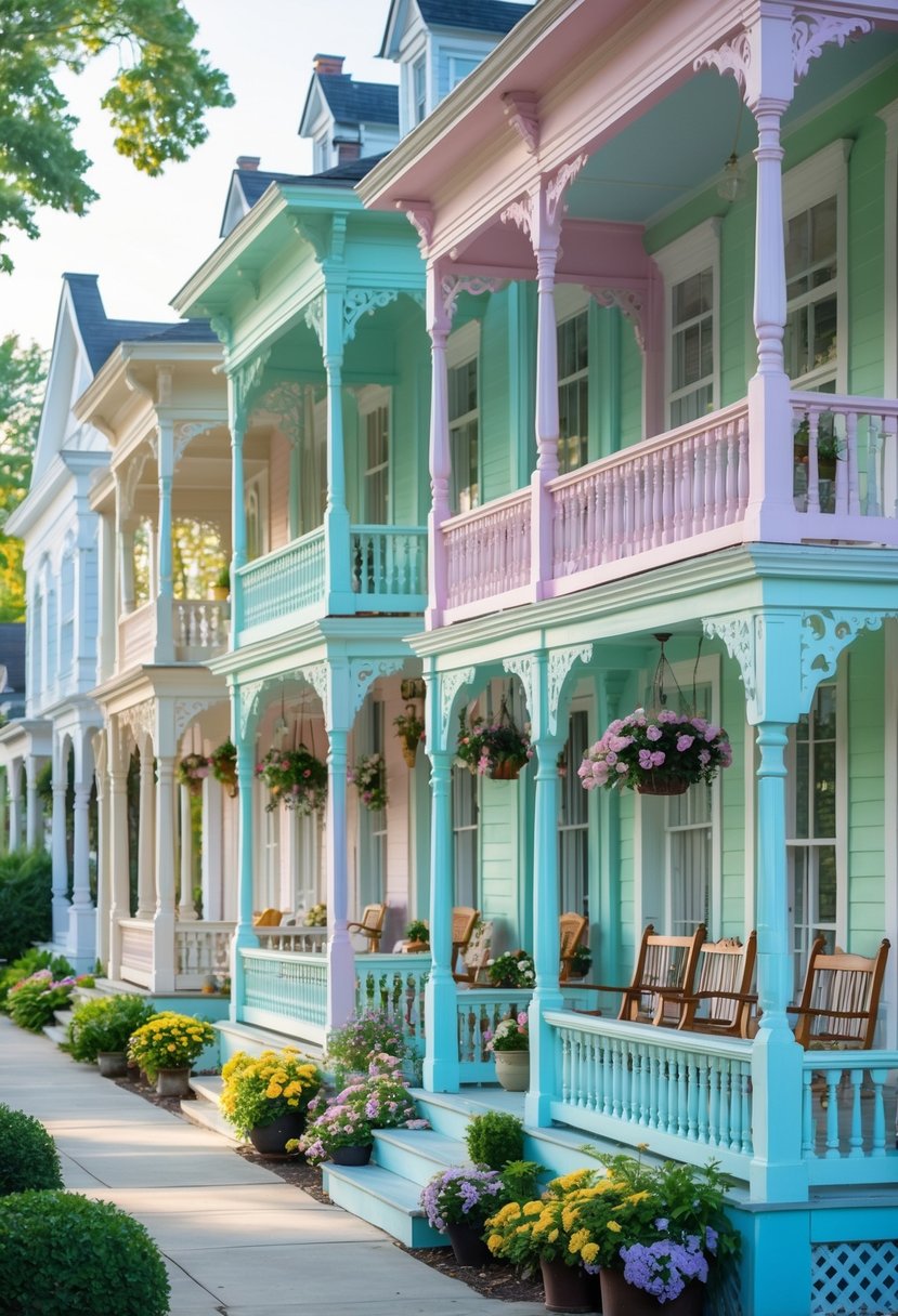 A row of 15 Victorian porches painted in different soft pastel colors, each with decorative woodwork and outdoor furniture, set in a sunny neighborhood.