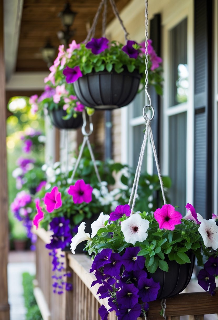 Ten hanging baskets filled with colorful petunias and verbena flowers on a porch railing.