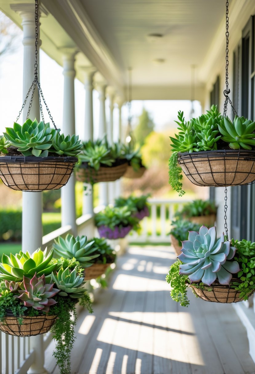 Ten hanging baskets filled with various succulents displayed on a porch.