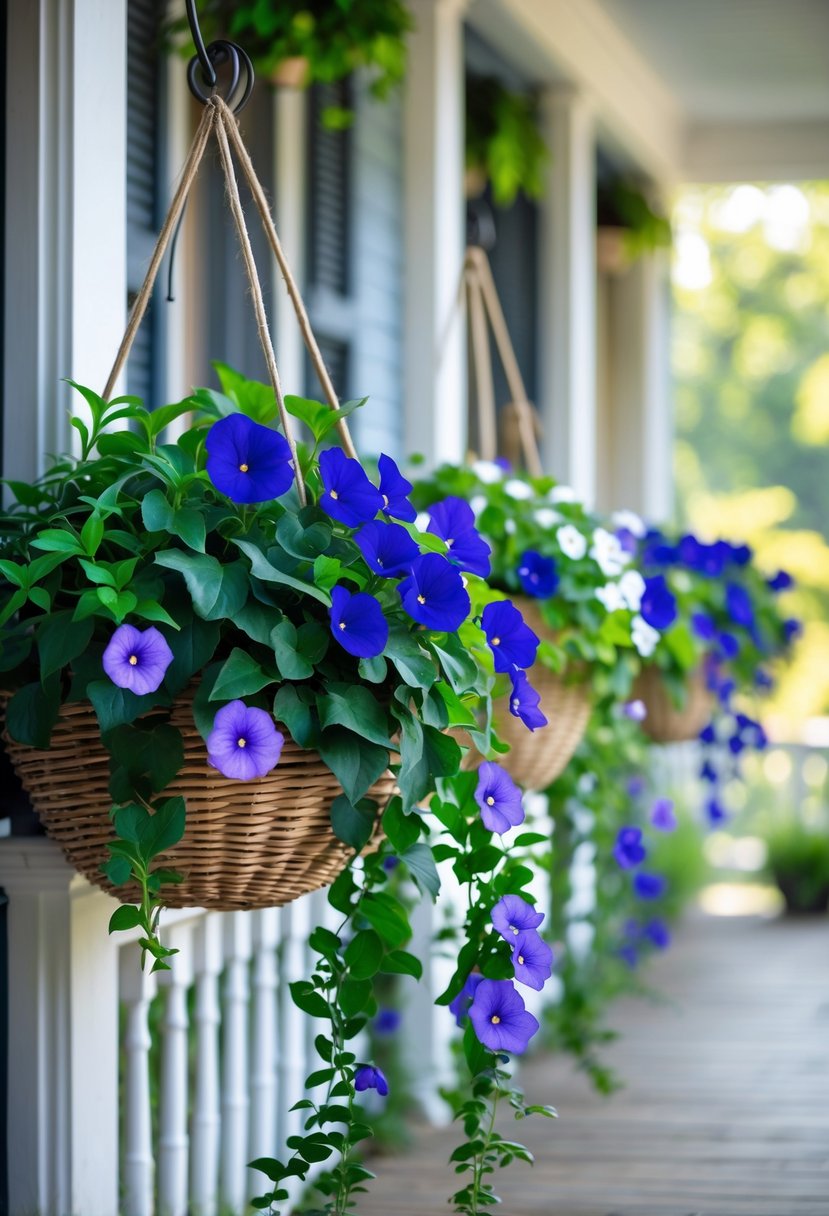 Ten porch hanging baskets filled with trailing Lobelia and Bacopa plants hanging along a wooden railing.