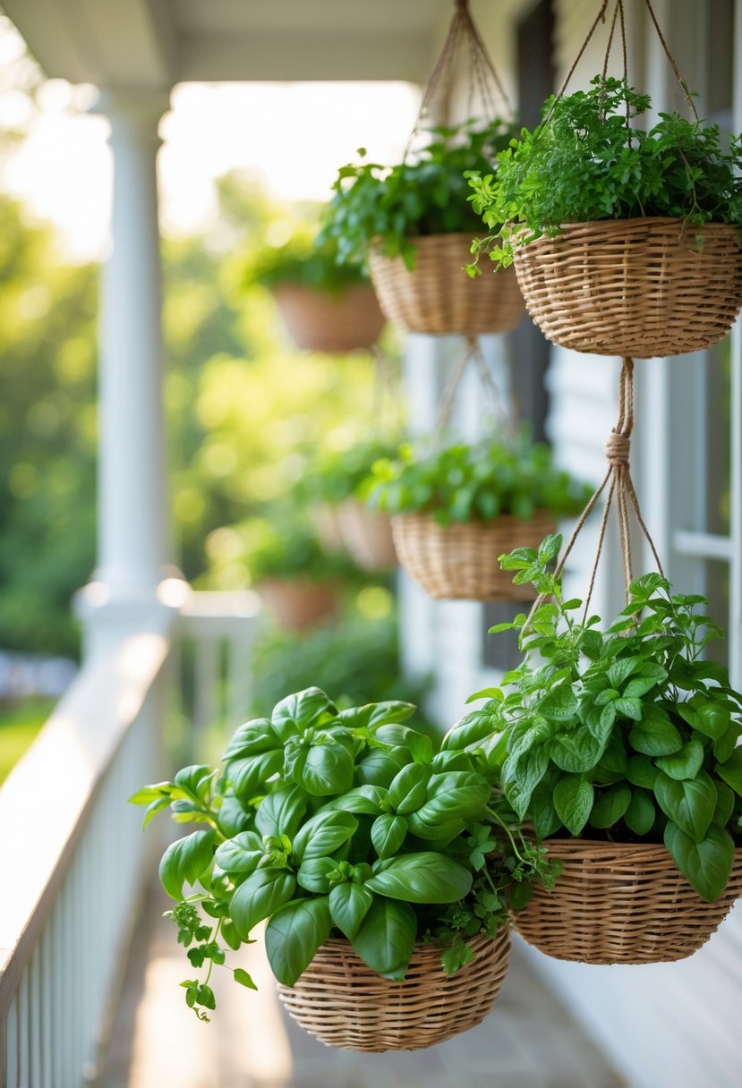Ten hanging baskets filled with basil, thyme, and mint herbs on a porch railing.