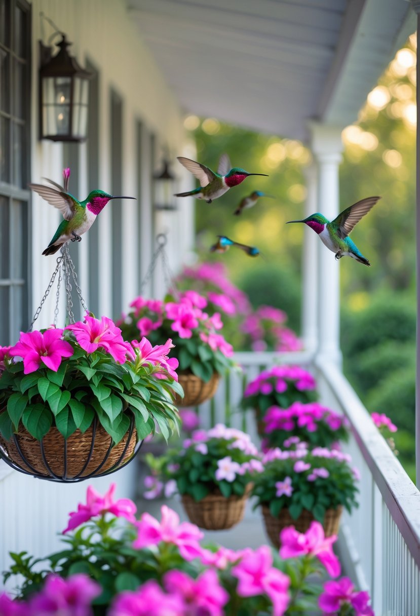 Ten hanging baskets with blooming fuchsia flowers on a porch, with hummingbirds flying around them.