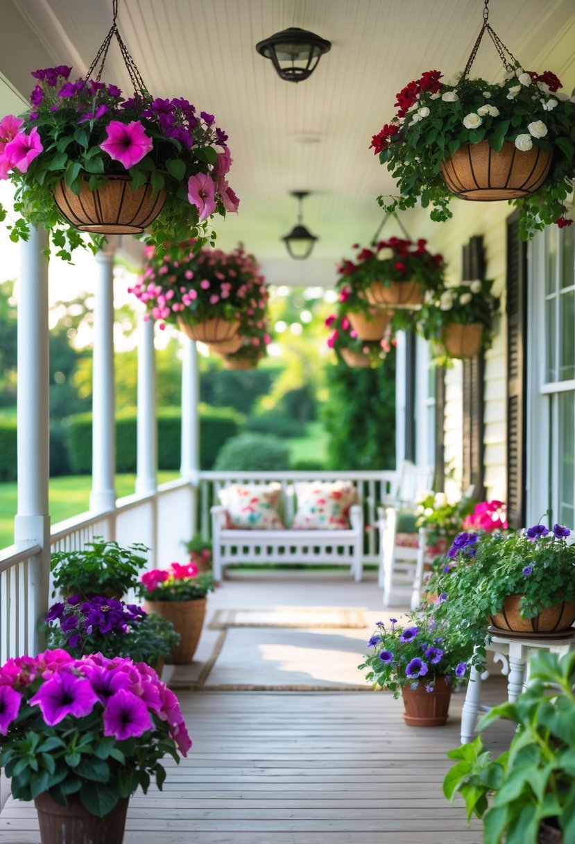 A porch with ten hanging baskets filled with colorful flowers and green plants.