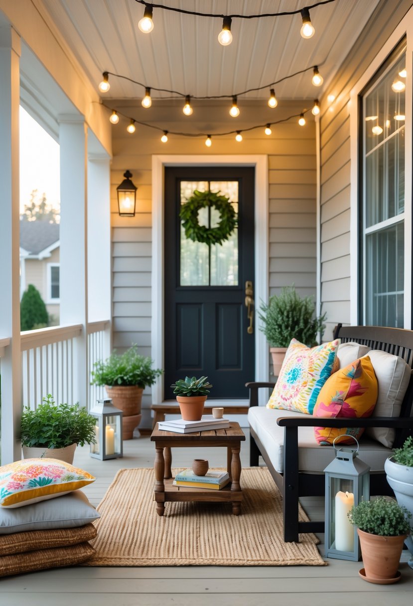 A cozy porch with a cushioned bench, colorful pillows, potted plants, string lights, and lanterns, creating a warm and inviting outdoor space.