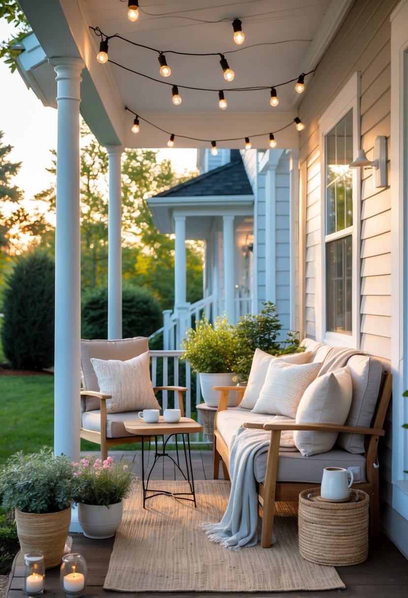 A cozy porch with cushioned chairs, potted plants, string lights, and a small wooden table with candles and a cup of tea.