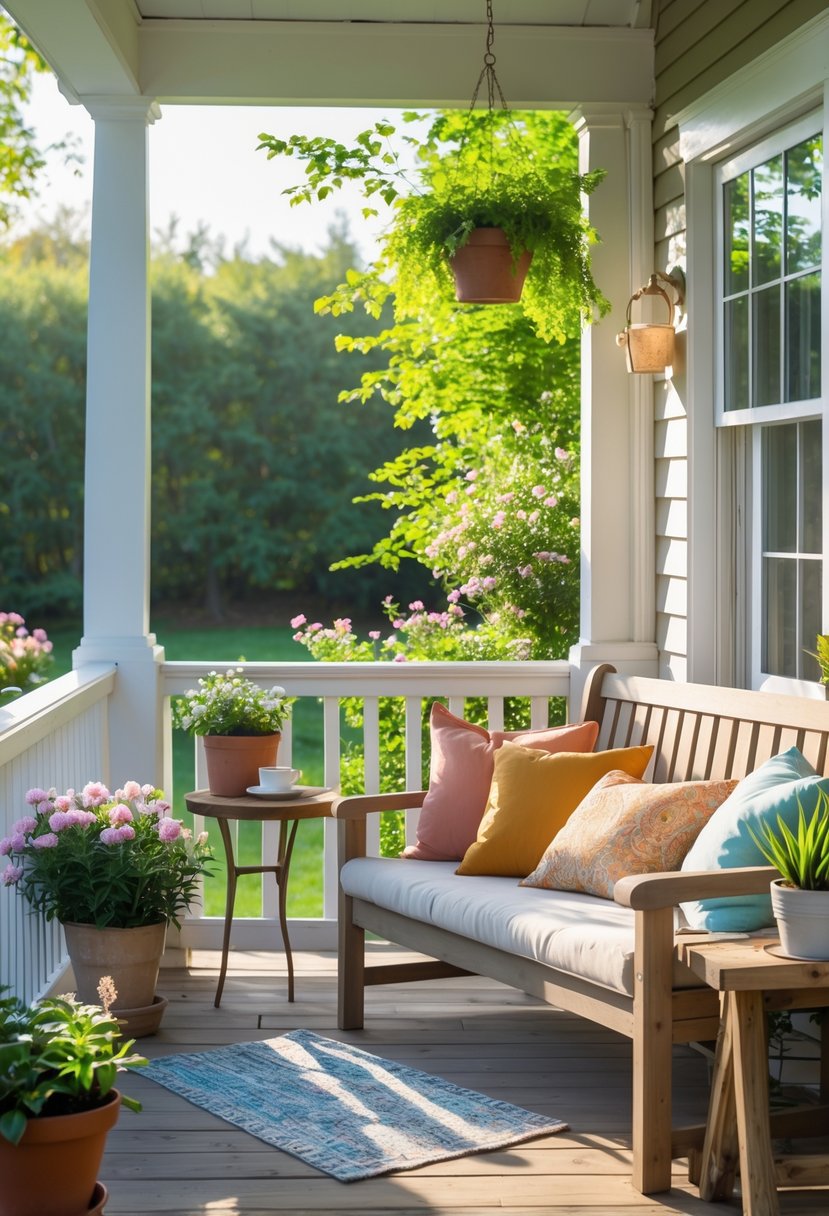 A cozy porch with a wooden bench, colorful cushions, a small side table with a plant and cup, surrounded by green plants.