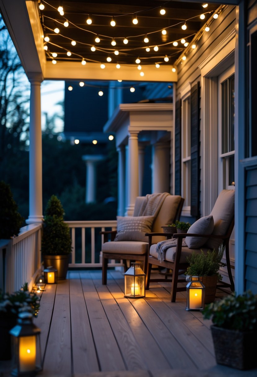 A cozy porch at dusk with string lights, lanterns, cushioned chairs, and potted plants creating a warm and inviting atmosphere.