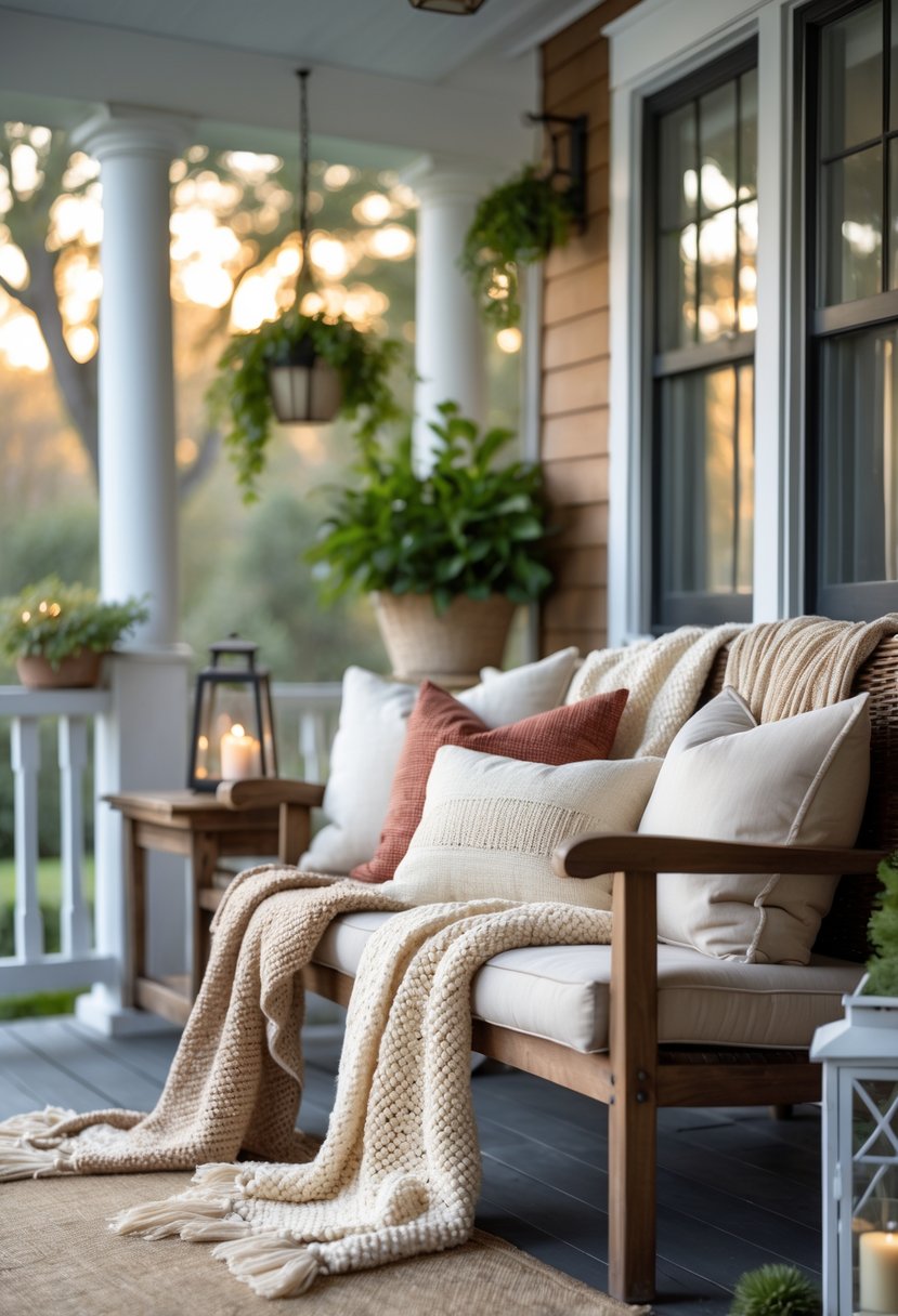 A cozy porch with layered cushions and blankets on a wooden bench surrounded by plants and warm natural light.