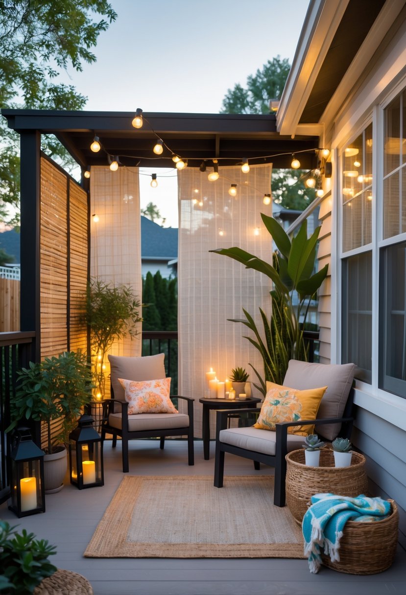 A cozy porch with cushioned chairs, potted plants, bamboo screens, outdoor curtains, string lights, and decorative accessories creating a private and inviting outdoor seating area.