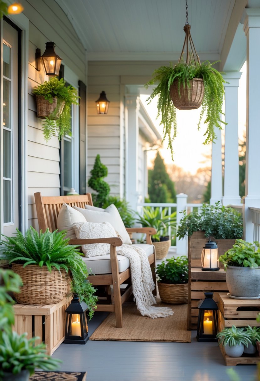 A cozy porch with a wooden bench, cushions, throw blanket, and various potted plants arranged around it, creating a welcoming outdoor space.