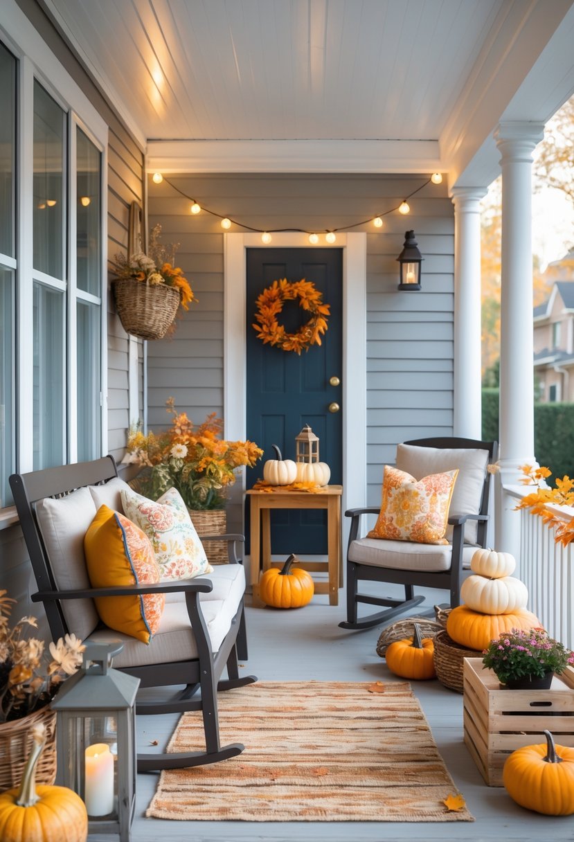 A cozy porch with cushioned chairs, throw blankets, pumpkins, string lights, and potted plants arranged to create a warm, inviting outdoor space.