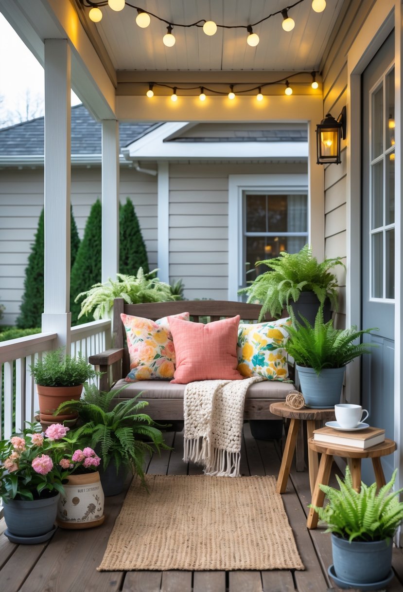 A cozy porch with a wooden bench, cushions, potted plants, string lights, and a small table with a cup and books.