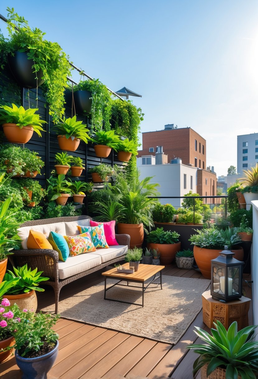 A terrace filled with various green plants, outdoor seating, and natural sunlight creating a peaceful garden space.