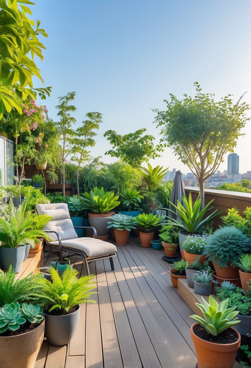 A terrace filled with various green plants and outdoor furniture, creating a peaceful garden space.