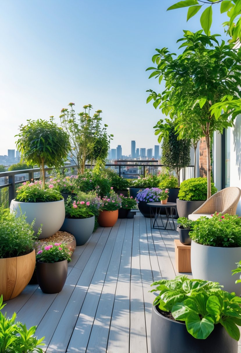 A terrace filled with various containers and planters holding green plants and colorful flowers, with outdoor furniture and a clear sky in the background.