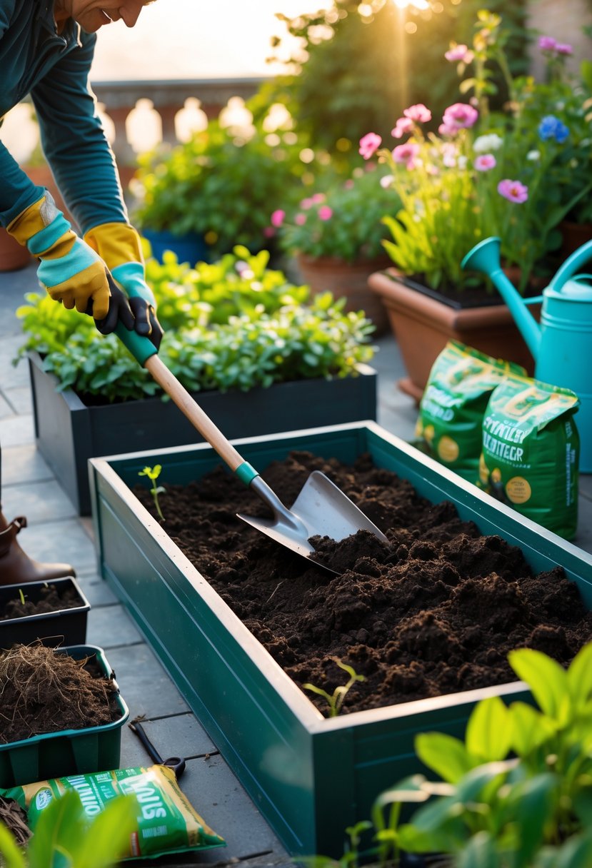 A person preparing soil in a planter box on a terrace surrounded by plants and gardening tools.