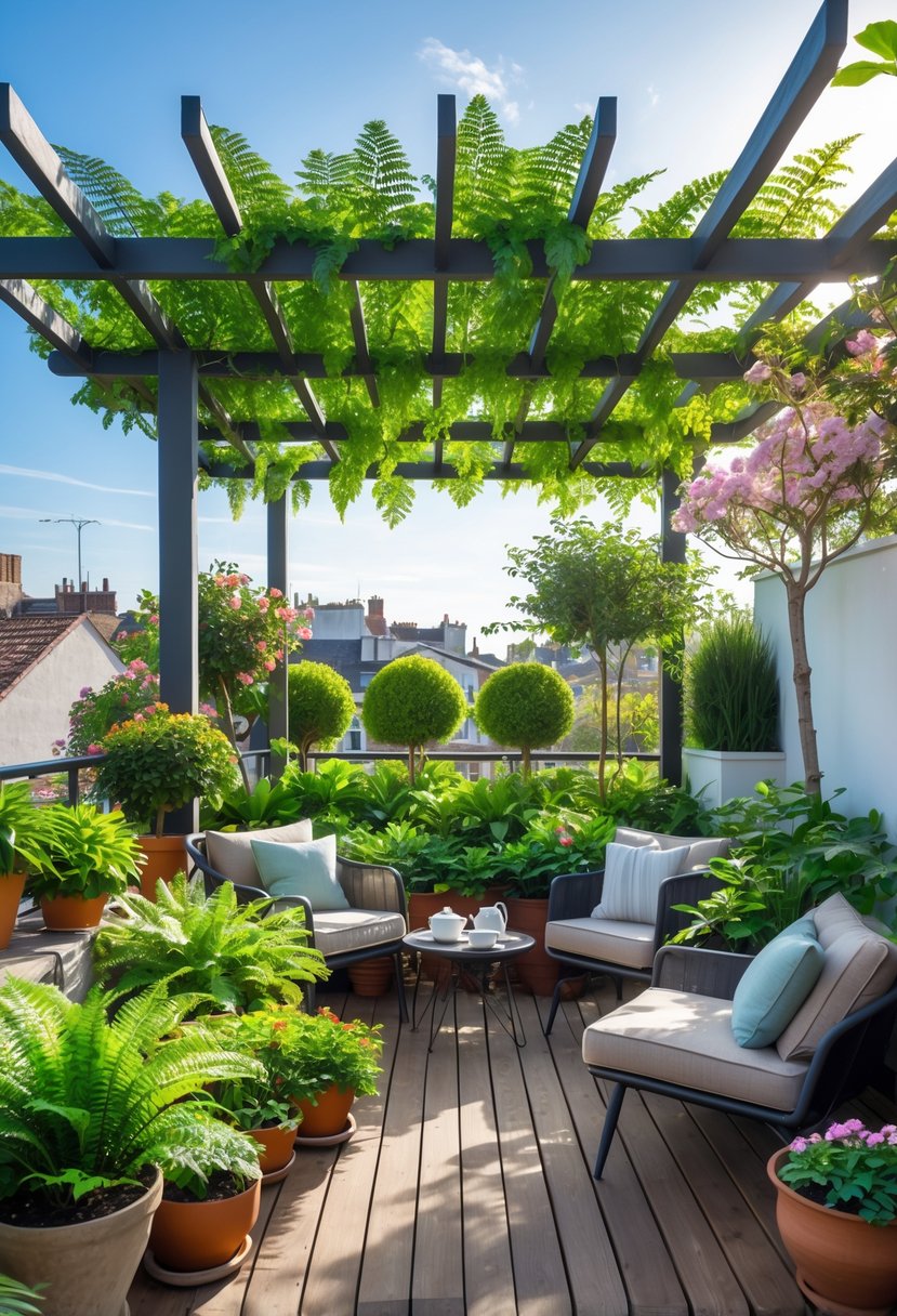 A terrace filled with various green plants and flowers around comfortable outdoor seating under a pergola with sunlight and a clear sky.