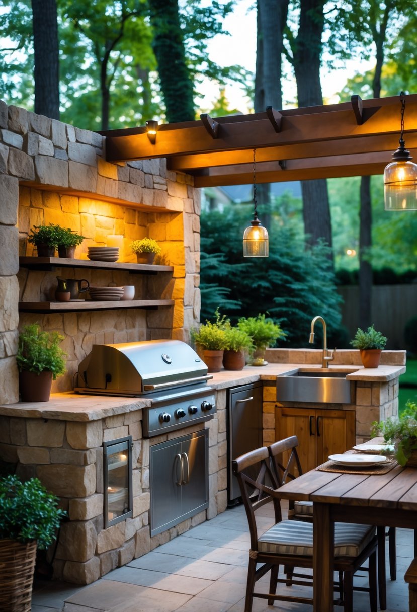 An outdoor kitchen with stone countertops, wooden cabinets, a grill, and seating in a backyard surrounded by trees.