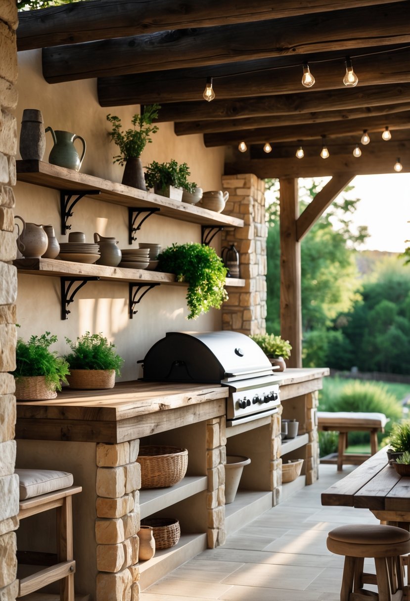 An outdoor kitchen with a wooden countertop, stone accents, built-in grill, shelves with kitchenware and plants, seating, and greenery in the background.