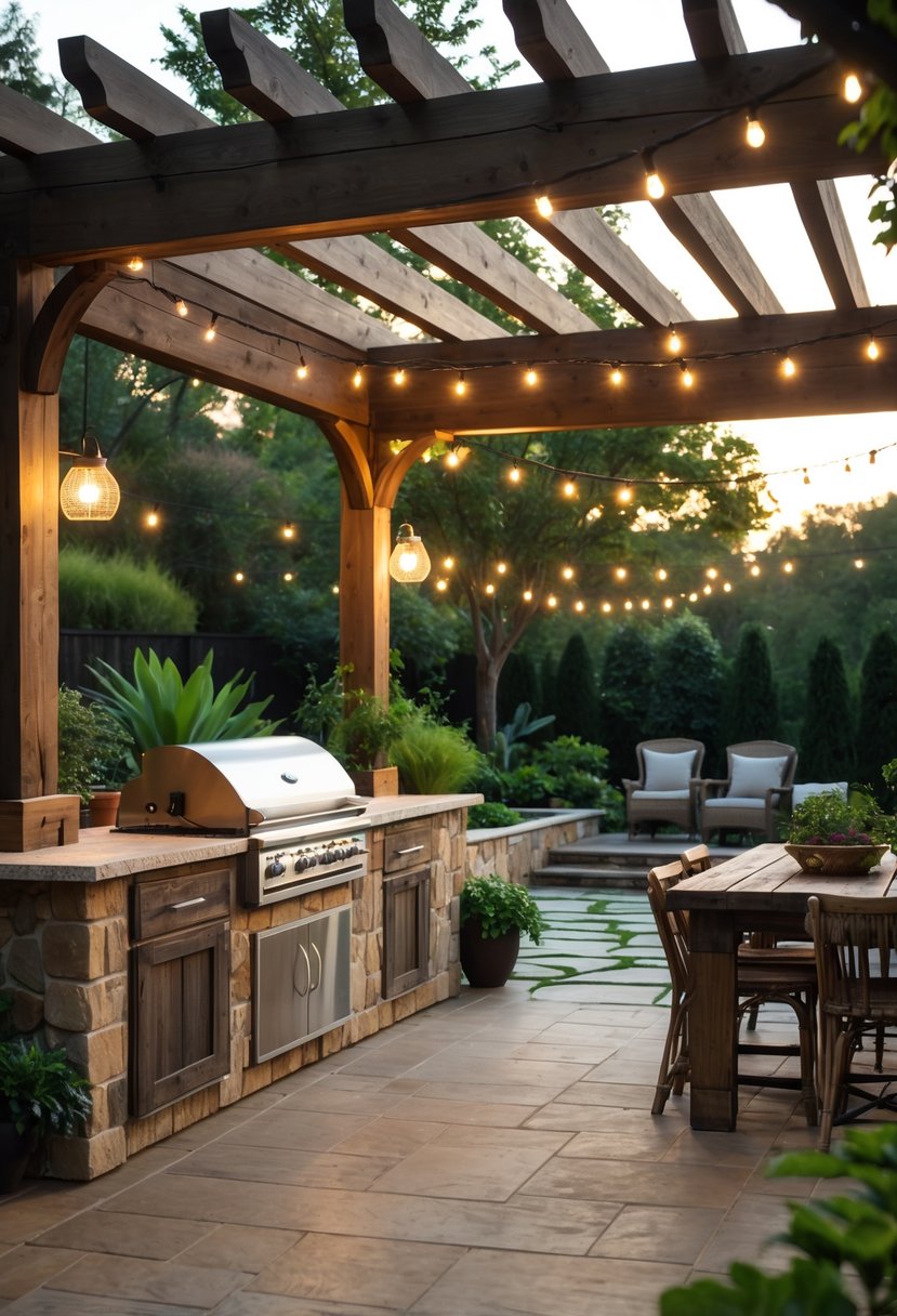 An outdoor kitchen with stone countertops, wooden cabinets, a grill, and seating surrounded by greenery and trees.