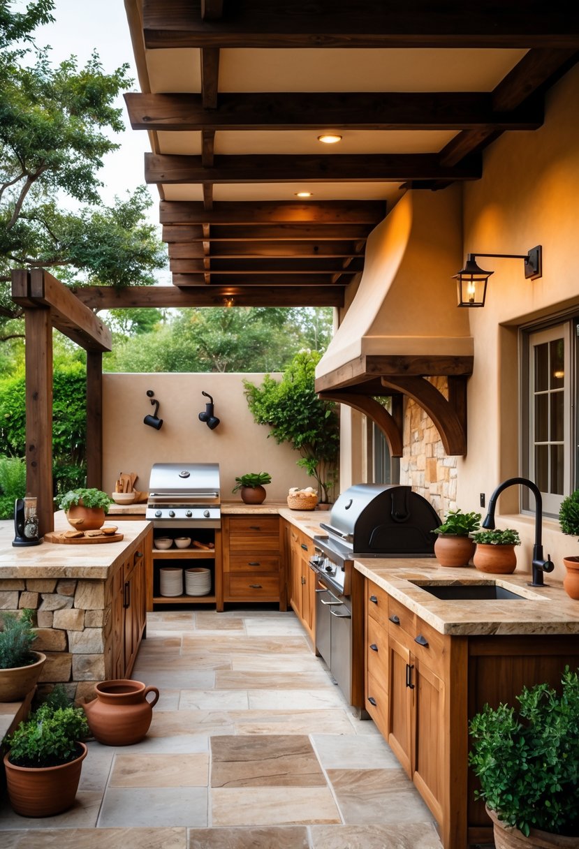 An outdoor kitchen area with stone countertops, wooden cabinets, a built-in grill, and greenery surrounding the space.