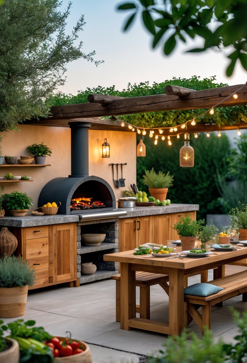 An outdoor kitchen with wooden cabinets, stone countertops, a grill, dining table with chairs, plants, and warm lighting in a garden setting.