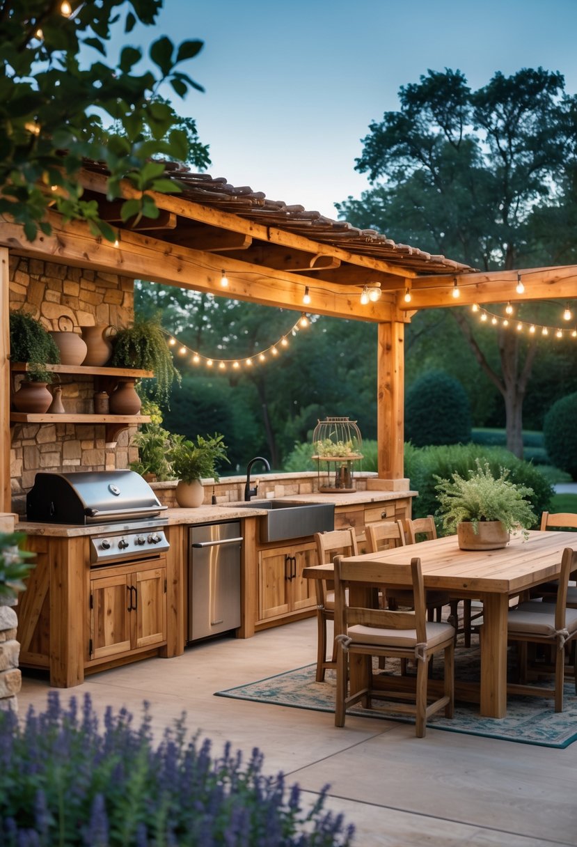 An outdoor kitchen with wooden cabinets, stone accents, a grill, dining table, and plants in a garden setting.