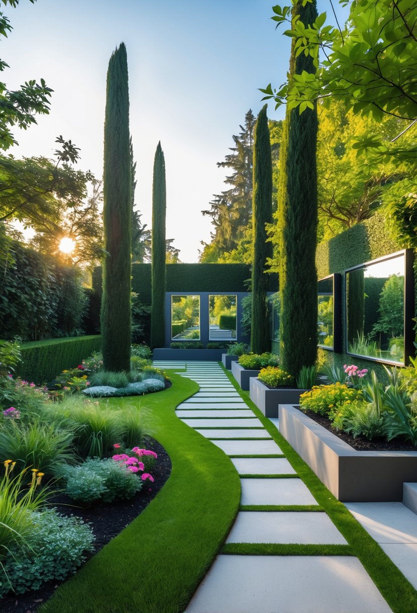 A garden with a winding pathway, green grass, colorful flowers, tall trees, and mirrors reflecting the plants to create a sense of expanded space.