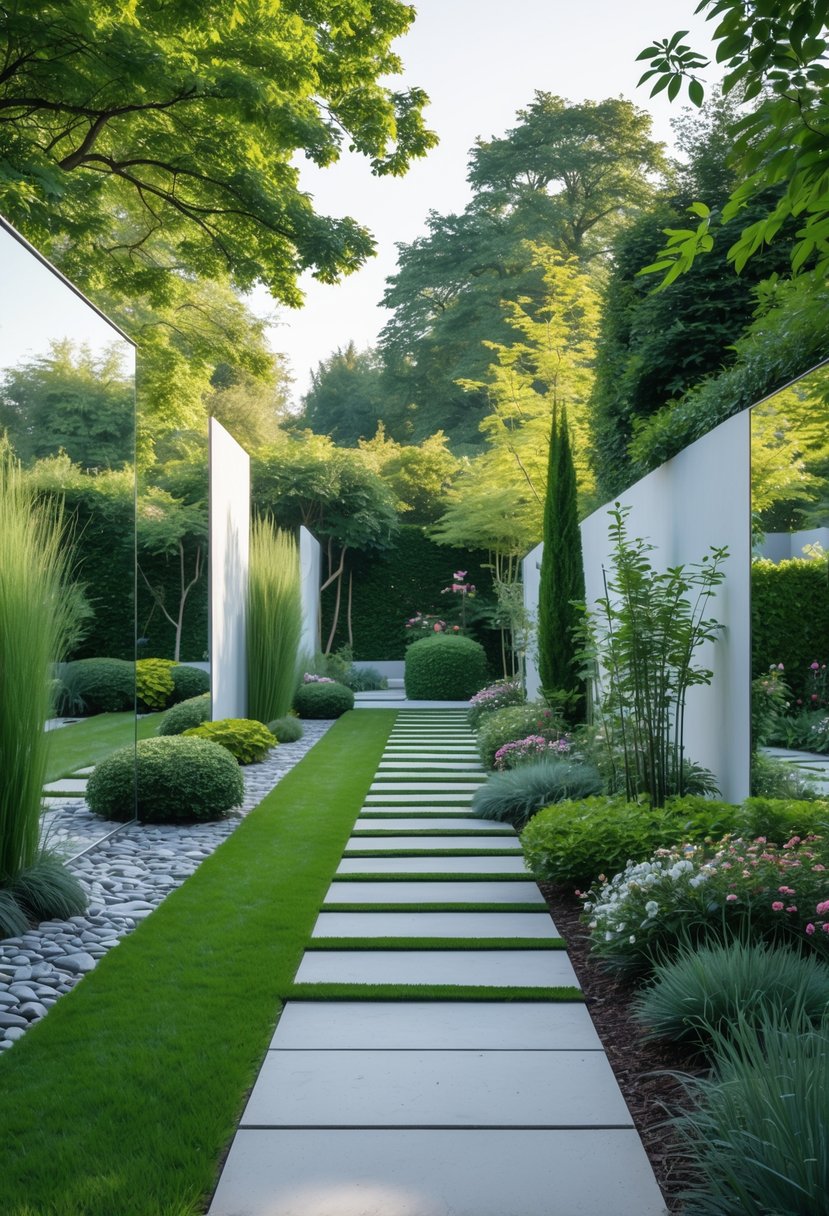A garden with a winding stone path, layered plants, and tall greenery creating a spacious and inviting outdoor area.