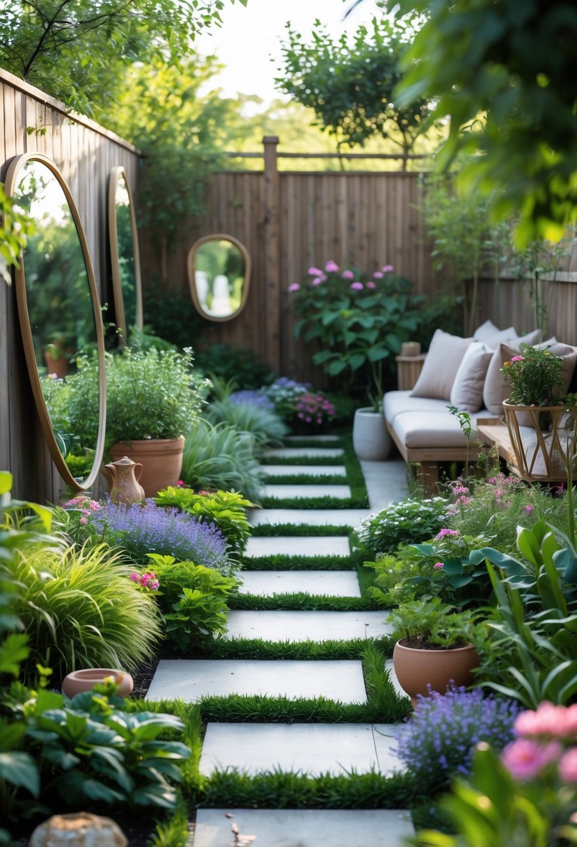 A small garden with layered plants, winding pathways, mirrors, and decorative elements creating a sense of depth and space.