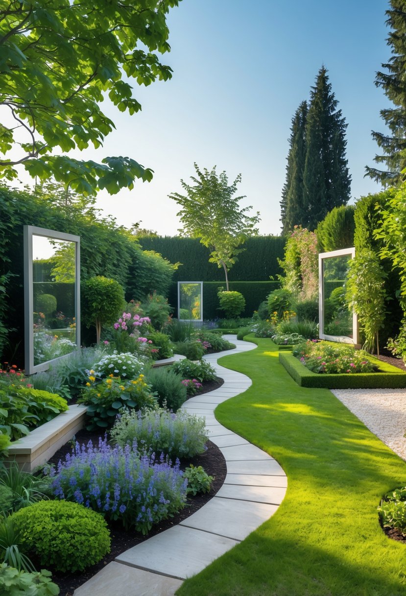 A spacious garden with flowers, shrubs, stone pathways, and mirrors creating an illusion of more space under a clear sky.